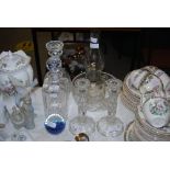 ASSORTED GLASSWARE INCLUDING DECANTERS AND STOPPERS, PAIR OF MOULDED GLASS CANDLESTICKS, ART GLASS