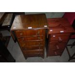 STAINED MODERN PINE THREE DRAWER BEDSIDE CHEST OF DRAWERS TOGETHER WITH A WALNUT DROP LEAF SIX