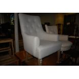 MODERN BEECH FRAMED BUTTON BACK UPHOLSTERED ARMCHAIR TOGETHER WITH A MAHOGANY FRAMED UPHOLSTERED