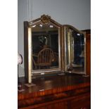 GILT FRAMED TRIPLEX DRESSING TABLE MIRROR WITH FLORAL ENCRUSTED CENTRAL DECORATION