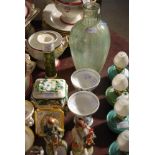 ASSORTED CERAMICS AND GLASSWARE INCLUDING GREEN TINTED STRIPED OVOID SHAPED BOTTLE VASE, TWO ROYAL