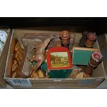 BOX - ASSORTED WOODEN ITEMS INCLUDING BOOK ENDS, BOOK TROUGHS, CANDLESTICKS, WOODEN HORSE FIGURE,