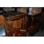REPRODUCTION MAHOGANY NEST OF THREE TABLES WITH GLAZED INSERT TOPS TOGETHER WITH A RECTANGULAR