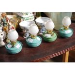 FOUR MINIATURE OIL LAMPS WITH OPAQUE GLASS SHADES