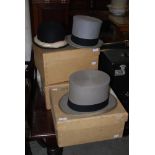 ROBERT HEATH OF KNIGHTSBRIDGE GREY TOP HAT IN BOX, TOGETHER WITH A LOCKE & CO., ST JAMES STREET,