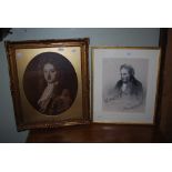 GILT FRAMED BLACK AND WHITE PRINT PORTRAIT TOGETHER WITH GILT FRAMED PENCIL DRAWING OF A VICTORIAN
