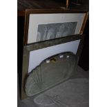 DECO STYLE OVAL BEVELLED WALL MIRROR TOGETHER WITH FRAMED PRINT OF TWO ETHNIC CHILDREN IN THE