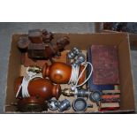 BOX - WOOD AND PEWTER ITEMS INCLUDING MEASURES, BAROMETER, TABLE LAMPS, MINIATURE BOOKS, ETC.
