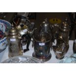 COLLECTION OF ASSORTED EP WARES INCLUDING COFFEE POTS, BOTTLE STAND, SUGAR SCUTTLE, SPIRIT KETTLE ON