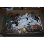 BOX - ASSORTED CERAMICS AND GLASSWARE INCLUDING DECANTER AND STOPPERS, CANDLE HOLDER, CERAMIC