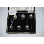 CASED SET OF BIRMINGHAM SILVER AND ENAMEL COFFEE SPOONS WITH FLORAL ENAMEL DETAIL