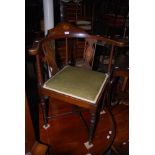 EDWARDIAN MAHOGANY INLAID CORNER CHAIR WITH STUFFOVER SEATS SUPPORTED ON CROSS STRETCHERS