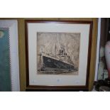 FRAMED BLACK AND WHITE ETCHING - QUEEN MARY - BY ALISTAIR MACFARLANE