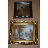 MODERN GILT FRAMED OIL ON CANVAS - RIVER SCENE WITH BUILDING IN FOREGROUND, TOGETHER WITH A FRAMED
