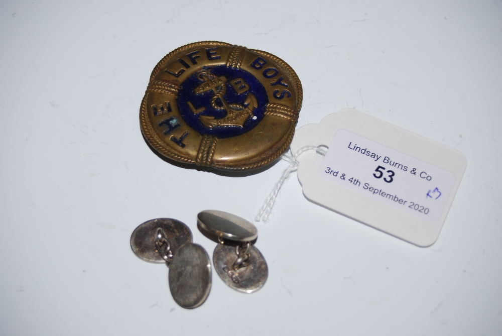 PAIR OF BIRMINGHAM SILVER OVAL SHAPED CUFF LINKS AND A PRESSED YELLOW METAL AND BLUE ENAMEL THE LIFE