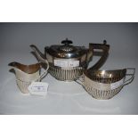 LONDON SILVER BACHELORS THREE PIECE TEA SET, OVAL WITH PART GADROONED DETAIL