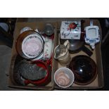 TWO BOXES - ASSORTED KITCHENWARE INCLUDING COPPER MOULDS, STORAGE JARS AND COVERS, PEWTER LIDDED