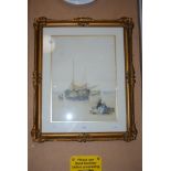 GILT FRAMED WATERCOLOUR - SAILING BOATS WITH FISHERWOMEN