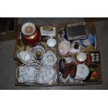 TWO BOXES - ASSORTED CERAMICS INCLUDING TEA WARES, TABLE LAMPS, STORAGE JAR, PHOTO FRAMES, ETC.