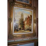 GILT FRAMED OIL ON BOARD - TOWN SCENE - BY DANIEL SZEBERENYI