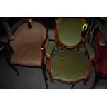 PAIR OF STAINED OAK HORSESHOE STYLE ARMCHAIRS WITH STUFFOVER SEATS AND BACKS SUPPORTED ON CABRIOLE