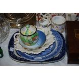 ASSORTED CERAMICS AND GLASSWARE INCLUDING EDINBURGH CRYSTAL SUGAR CASTER WITH PLATED MOUNTS, BLUE