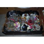 BOX - ASSORTED CERAMICS AND GLASSWARE INCLUDING FLORAL POSIES, CHINA FIGURINES, BRANDY GLASSES,