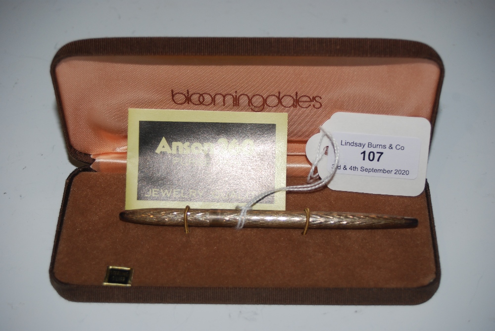 AN ANSON STERLING SILVER PURSE PEN IN BLOOMINGDALES CASE WITH ORIGINAL CERTIFICATE