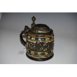 ****WITHDRAWN LOT**** COLD PAINTED PEWTER MOUNTED POTTERY BEER STEIN, DECORATED IN RELIEF WITH