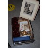 BOX - ASSORTED ITEMS INCLUDING THREE RED GROUND VASES, GILT TABLE LAMP, FRAMED PRINTS, UNFRAMED