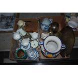 TWO BOXES - ASSORTED CERAMICS INCLUDING WHITE METAL JUG, BLUE AND WHITE TRANSFER PRINTED JUG,
