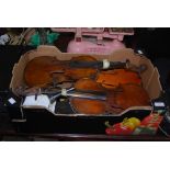 SIX ASSORTED VIOLINS IN NEED OF RESTORATION, TOGETHER WITH THREE VIOLIN CASES, VIOLIN PARTS AND