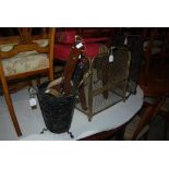 BRASS SPARK GUARD, WROUGHT IRON SPARK GUARD, WROUGHT IRON FUEL BIN WITH BELLOWS, BRASS TONGS,