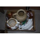 BOX - ASSORTED ITEMS INCLUDING POTTERY EWERS, URN SHAPED VASE, TEA WARES, ETC.