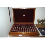 WALNUT AND BRASS BOUND CASED SET OF TWELVE SILVER FRUIT KNIVES AND FORKS, LONDON HALLMARKS, THE