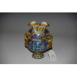 CANTAGALLI POTTERY TWIN HANDLED VASE WITH SATYR MASK HANDLES, OCHRE AND BLUE LUSTRE GLAZE