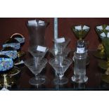 ASSORTED GLASSWARE INCLUDING BIRMINGHAM SILVER MOUNTED CYLINDRICAL GLASS BOTTLE WITH FLUTED