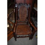 LATE 19TH / EARLY 20TH CENTURY CARVED OAK HALL CHAIR WITH CANEWORK SEAT AND BACK WITH BARLEY TWIST H