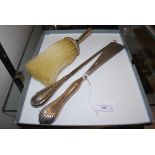 SILVER HANDLED HORSE HAIR BRUSH, SILVER HANDLED SHOE HORN AND A SILVER HANDLED BOOT HOOK