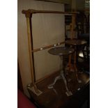 TWO REPRODUCTION MAHOGANY WINE TABLES, TOGETHER WITH A STAINED OAK TOWEL RAIL