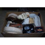 TWO BOXES - ASSORTED CERAMICS AND GLASSWARE INCLUDING INLAID TIE PRESS, STEMMED WINE GLASSES, ROLLER