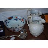 PAIR OF WEDGWOOD HUNTING JUGS, TOGETHER WITH A JAPANESE IMARI PATTERNED BOWL