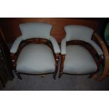 GOOD PAIR OF VICTORIAN ROSEWOOD INLAID TUB CHAIRS WITH STUFFOVER SEATS AND BACKS