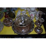 COLLECTION OF ASSORTED PLATED WARE INCLUDING PAIR OF SHEFFIELD PLATED CANDLESTICKS, SHEFFIELD PLATED