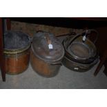 TWO HEAVY BRASS COOKING PANS, COPPER AND BRASS FUEL BIN, BRASS JELLY PAN, METAL CAULDRON ETC