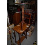 A 19TH CENTURY OAK WINE TABLE ON TURNED COLUMN WITH THREE DOWNSWEPT LEGS, TOGETHER WITH WALNUT