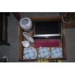 BOX - ASSORTED TEA WARE, JEWELLERY BOX, FLORAL PATTERNED VASES, ETC.