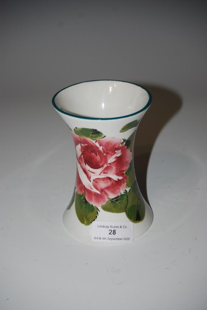 WEMYSS POTTERY VASE OF WAISTED CYLINDRICAL FORM DECORATED WITH ROSES, GREEN PAINTED MARK WEMYSS