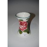 WEMYSS POTTERY VASE OF WAISTED CYLINDRICAL FORM DECORATED WITH ROSES, GREEN PAINTED MARK WEMYSS