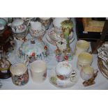 ASSORTED CERAMICS INCLUDING CONTINENTAL PORCELAIN FIGURAL TABLE COMPORT, ROYAL COMMEMORATIVE CUP,